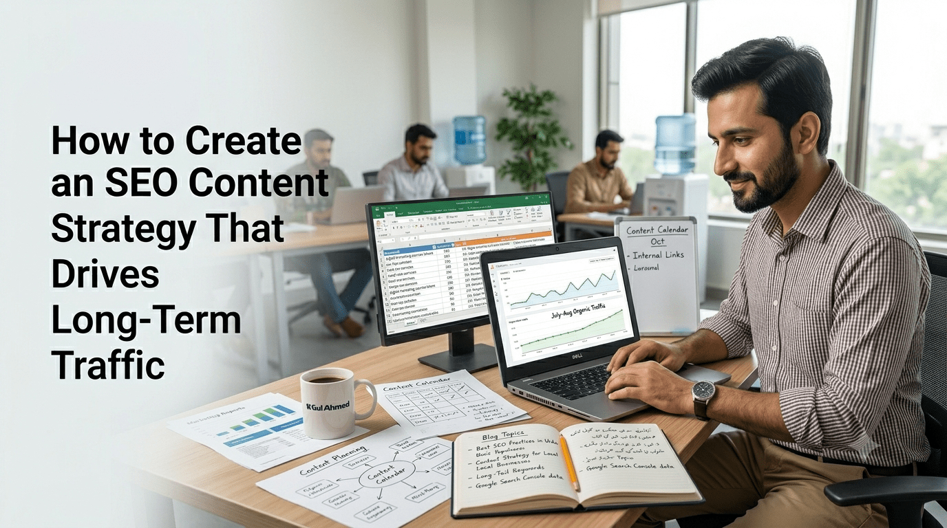 Digital marketing professional planning an SEO content strategy to increase long-term website traffic.